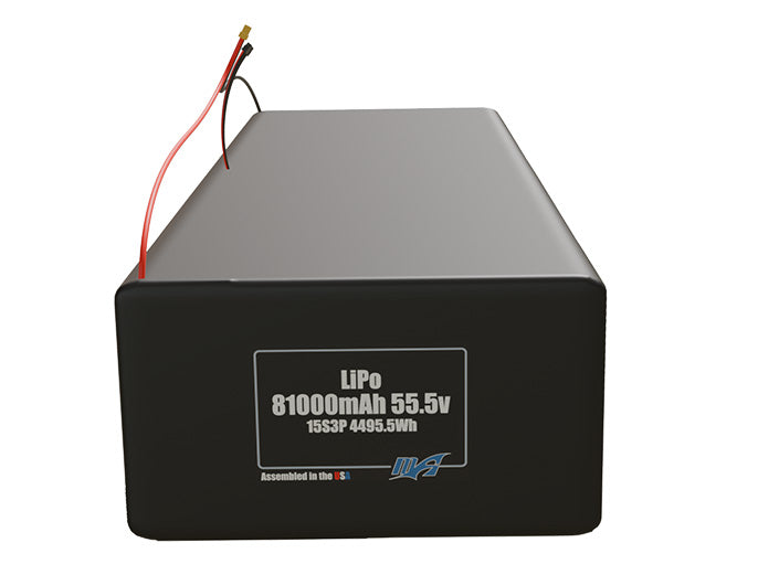 Front-facing render of the 55.5V 81000mAh 15S3P LiPo battery, assembled in the USA by maxamps, for drone and robotics applications.