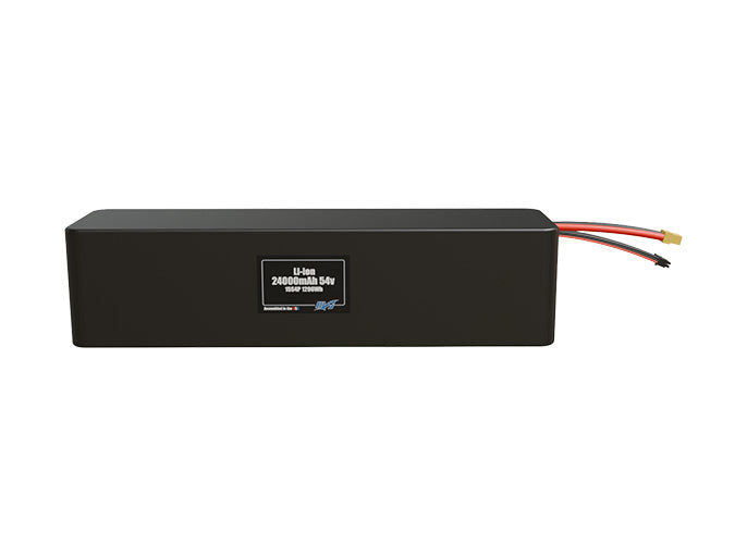 Front-facing render of the 54V 24000mAh 15S4P Lithium-Ion battery, assembled in the USA by maxamps, for drone and robotics applications.