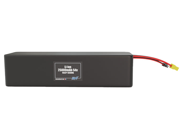 Front-facing render of the 54V 25000mAh 15S5P Lithium-Ion battery, assembled in the USA by maxamps, for drone and robotics applications.
