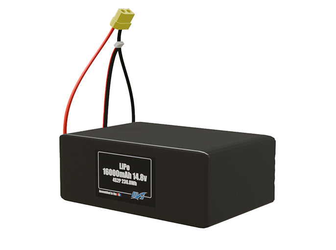 Angled product render of the 16000mAh 8-cell LiPo pack. A lightweight energy source for UAV, drone, and robotic builds.