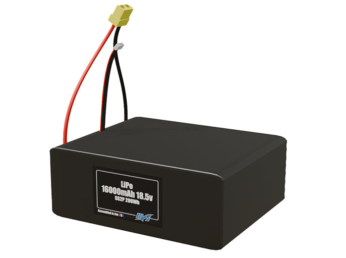 Angled product render of the 16000mAh 10-cell LiPo pack. A lightweight energy source for UAV, drone, and robotic builds.