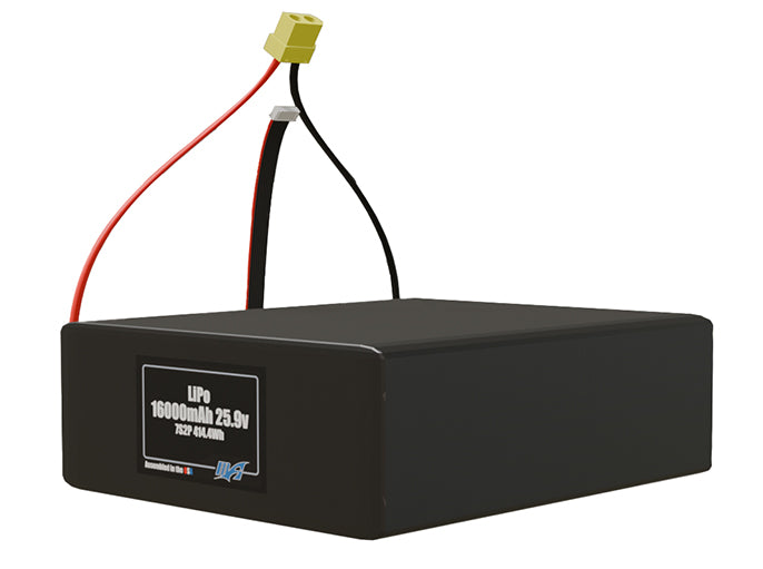 Angled product render of the 16000mAh 14-cell LiPo pack. A lightweight energy source for UAV, drone, and robotic builds.