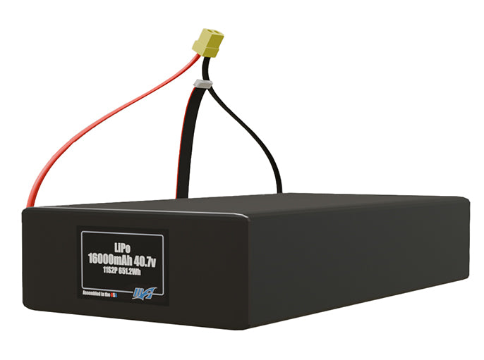 Angled product render of the 16000mAh 22-cell LiPo pack. A lightweight energy source for UAV, drone, and robotic builds.