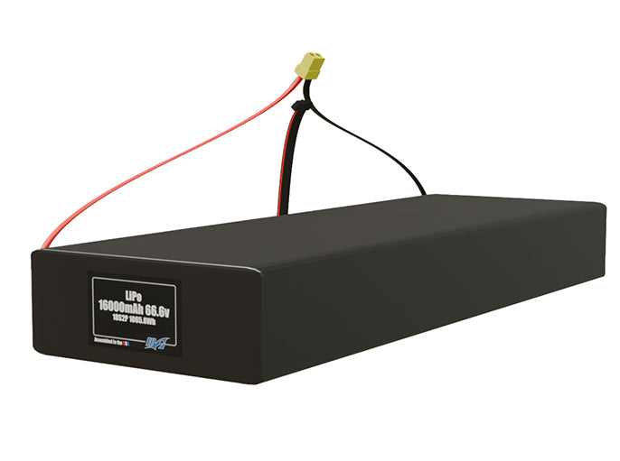Angled product render of the 16000mAh 36-cell LiPo pack. A lightweight energy source for UAV, drone, and robotic builds.