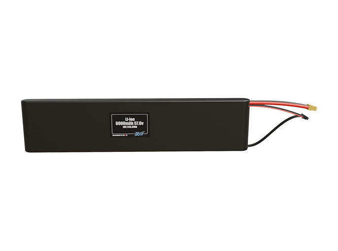 Front-facing render of the 57.6V 6000mAh 16S Li-ion battery, assembled in the USA by maxamps, for drone and robotics applications.