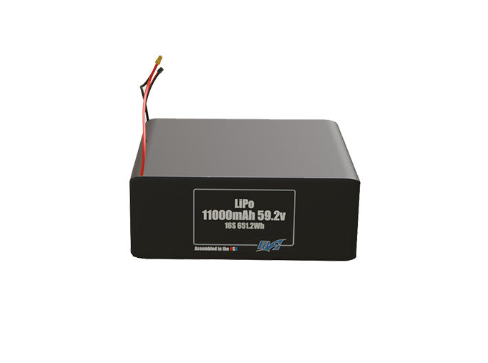 Front-facing render of the 59.2V 11000mAh 16S LiPo battery, assembled in the USA by maxamps, for drone and robotics applications.