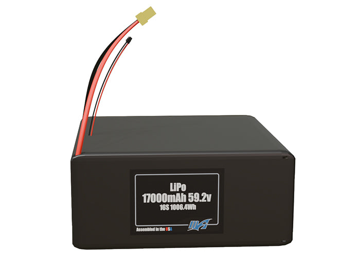 Front-facing render of the 59.2V 17000mAh 16S LiPo battery, assembled in the USA by maxamps, for drone and robotics applications.