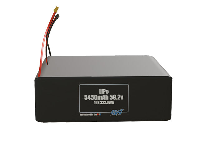 Front-facing render of the 59.2V 5450mAh 16S LiPo battery, assembled in the USA by maxamps, for drone and robotics applications.