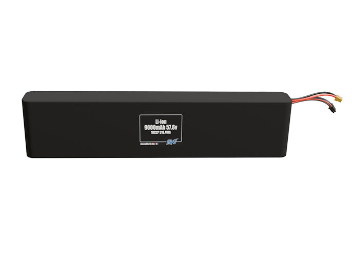 Front-facing render of the 57.6V 9000mAh 16S2P Li-ion battery, assembled in the USA by maxamps, for drone and robotics applications.