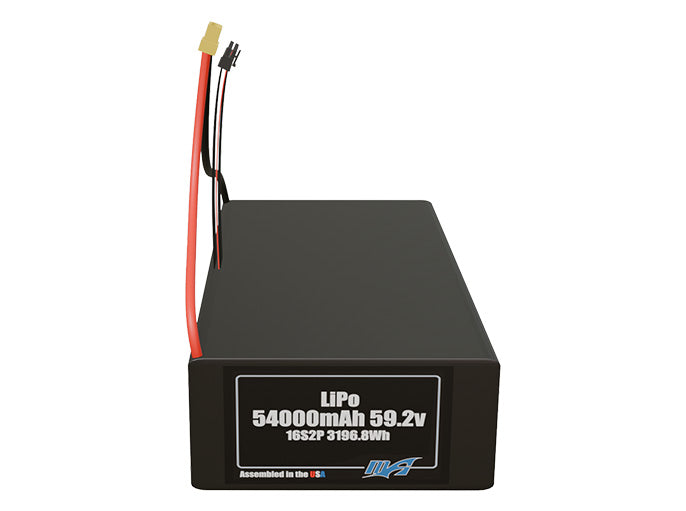 Front-facing render of the 59.2V 54000mAh 16S2P LiPo battery, assembled in the USA by maxamps, for drone and robotics applications.