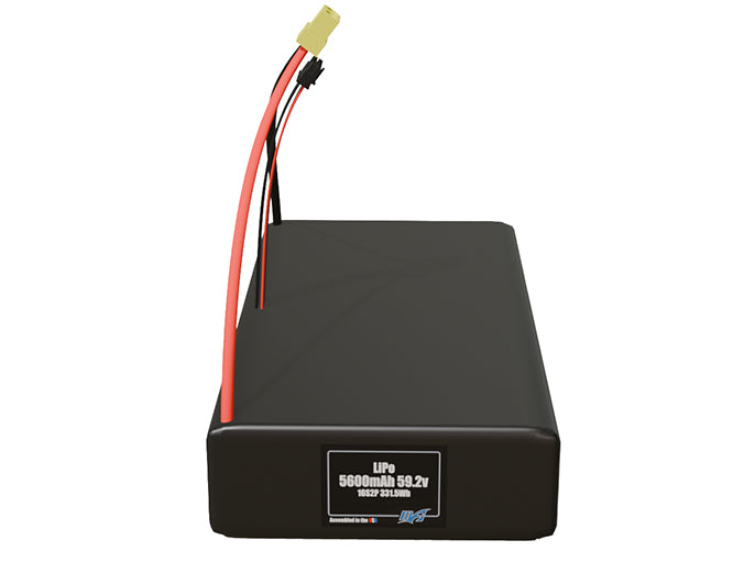 Front-facing render of the 59.2V 5600mAh 16S2P LiPo battery, assembled in the USA by maxamps, for drone and robotics applications.