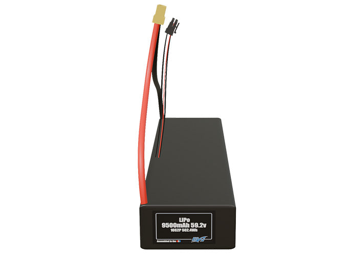Front-facing render of the 59.2V 9500mAh 16S2P LiPo battery, assembled in the USA by maxamps, for drone and robotics applications.