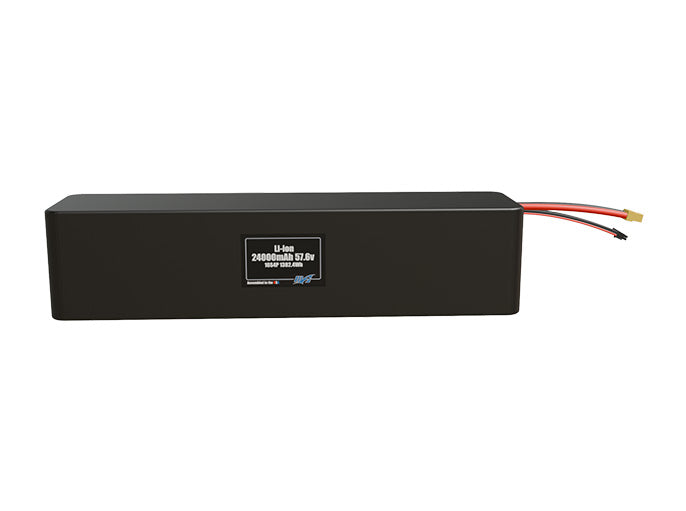 Front-facing render of the 57.6V 24000mAh 16S4P Lithium-Ion battery, assembled in the USA by maxamps, for drone and robotics applications.