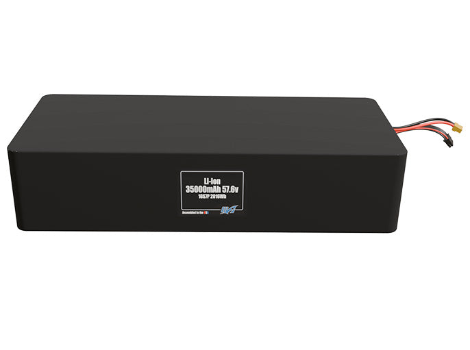 Front-facing render of the 57.6V 35000mAh 16S7P Lithium-Ion battery, assembled in the USA by maxamps, for drone and robotics applications.