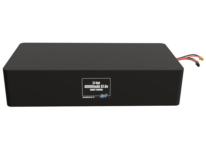 Front-facing render of the 57.6V 40000mAh 16S8P Lithium-Ion battery, assembled in the USA by maxamps, for drone and robotics applications.