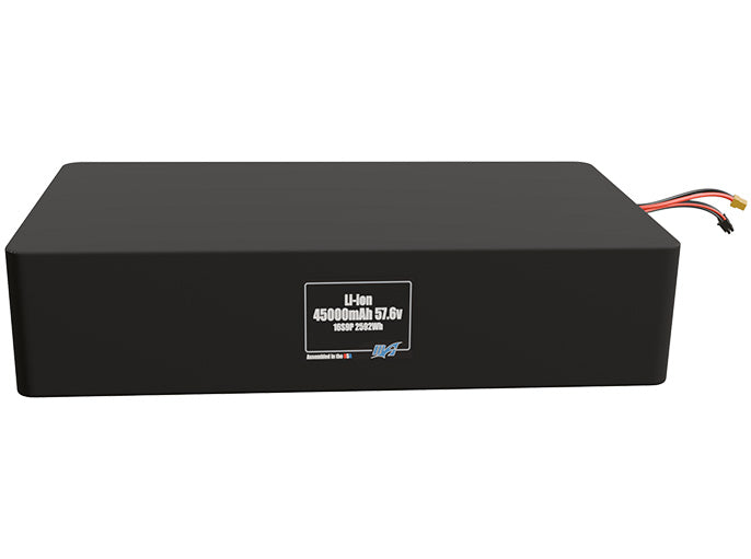 Front-facing render of the 57.6V 45000mAh 16S9P Lithium-Ion battery, assembled in the USA by maxamps, for drone and robotics applications.