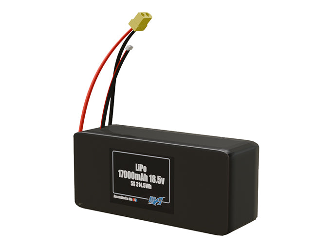 Angled product render of the 17000mAh 5-cell LiPo pack. A lightweight energy source for UAV, drone, and robotic builds.