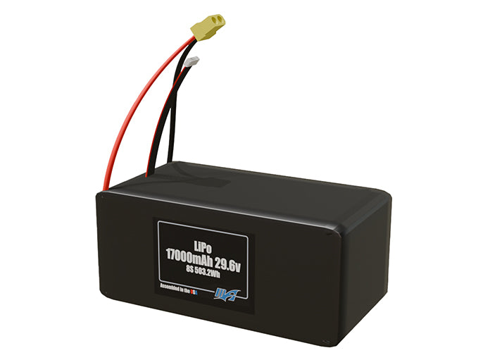 Angled product render of the 17000mAh 8-cell LiPo pack. A lightweight energy source for UAV, drone, and robotic builds.