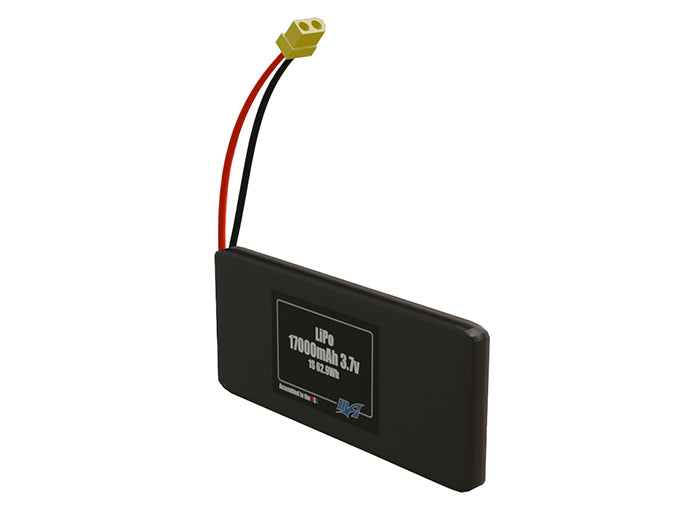 Angled product render of the 17000mAh 1-cell LiPo pack. A lightweight energy source for UAV, drone, and robotic builds.