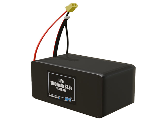 Angled product render of the 17000mAh 9-cell LiPo pack. A lightweight energy source for UAV, drone, and robotic builds.