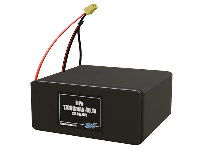 Angled product render of the 17000mAh 13-cell LiPo pack. A lightweight energy source for UAV, drone, and robotic builds.