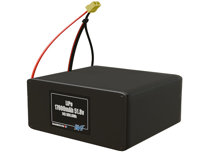 Angled product render of the 17000mAh 14-cell LiPo pack. A lightweight energy source for UAV, drone, and robotic builds.