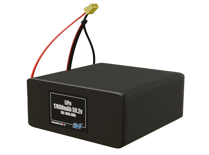 Angled product render of the 17000mAh 16-cell LiPo pack. A lightweight energy source for UAV, drone, and robotic builds.