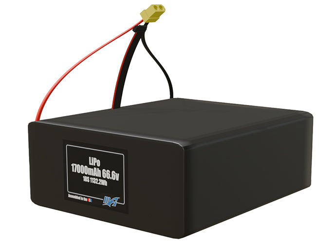 Angled product render of the 17000mAh 18-cell LiPo pack. A lightweight energy source for UAV, drone, and robotic builds.