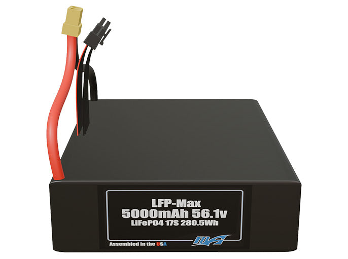 Front-facing render of the 56.1V 5000mAh 17S LFP-Max LiFePO4 battery, assembled in the USA by maxamps, for drone and robotics applications.