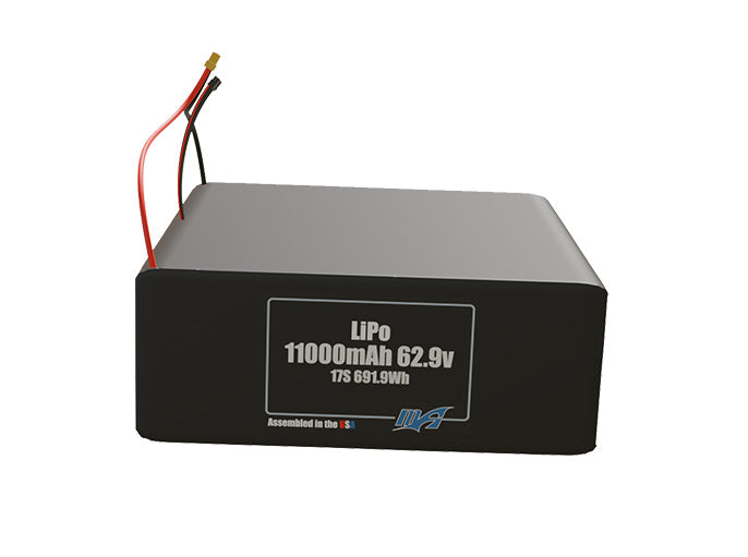 Front-facing render of the 62.9V 11000mAh 17S LiPo battery, assembled in the USA by maxamps, for drone and robotics applications.