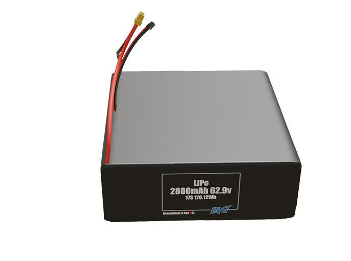Front-facing render of the 62.9V 2800mAh 17S LiPo battery, assembled in the USA by maxamps, for drone and robotics applications.