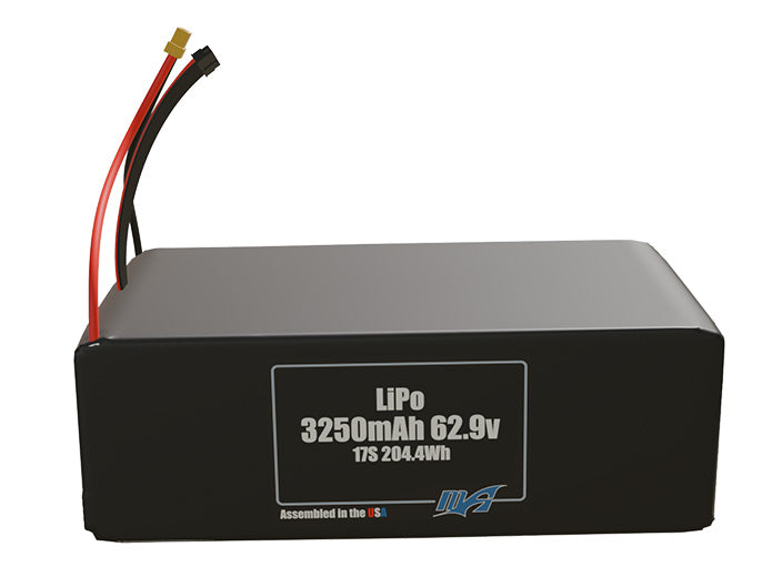 Front-facing render of the 62.9V 3250mAh 17S LiPo battery, assembled in the USA by maxamps, for drone and robotics applications.