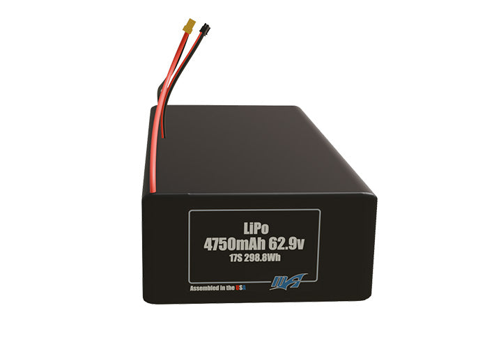 Front-facing render of the 62.9V 4750mAh 17S LiPo battery, assembled in the USA by maxamps, for drone and robotics applications.