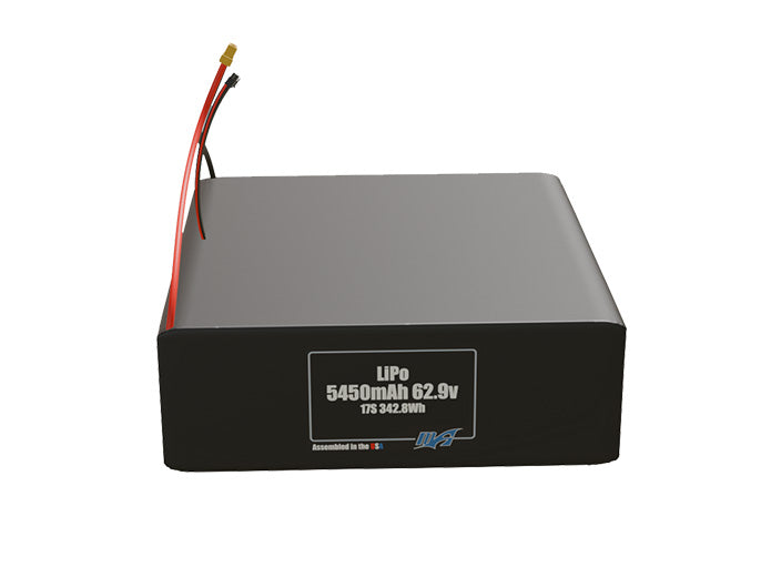Front-facing render of the 62.9V 5450mAh 17S LiPo battery, assembled in the USA by maxamps, for drone and robotics applications.