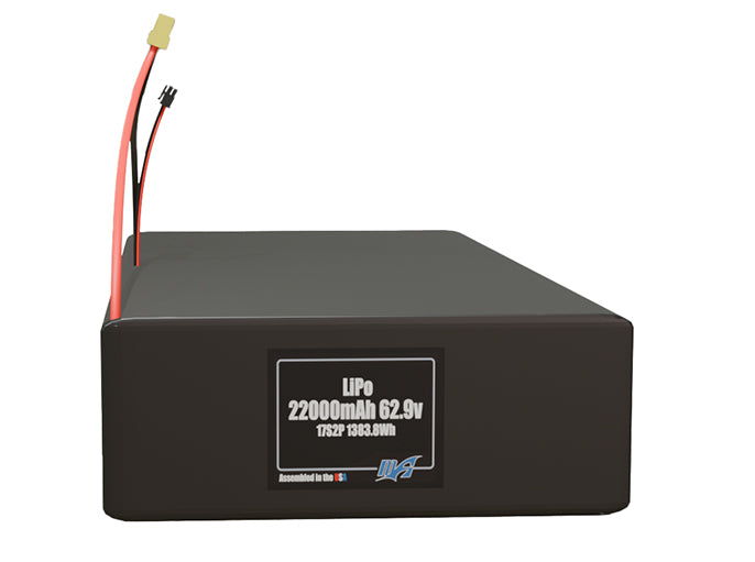 Front-facing render of the 62.9V 22000mAh 17S2P LiPo battery, assembled in the USA by maxamps, for drone and robotics applications.