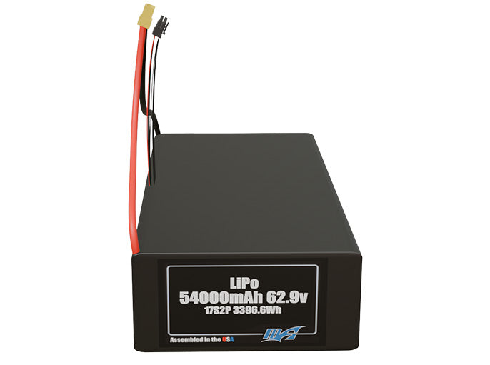 Front-facing render of the 62.9V 54000mAh 17S2P LiPo battery, assembled in the USA by maxamps, for drone and robotics applications.