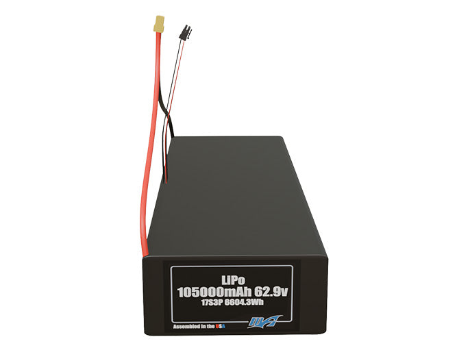 Front-facing render of the 62.9V 105000mAh 17S3P LiPo battery, assembled in the USA by maxamps, for drone and robotics applications.