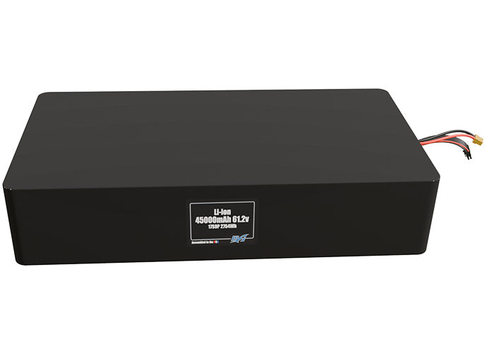 Front-facing render of the 61.2V 45000mAh 17S9P Lithium-Ion battery, assembled in the USA by maxamps, for drone and robotics applications.
