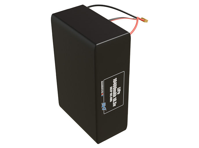 Side-angle render of a 18.5-volt 10400mAh lithium-polymer battery, assembled in the USA for compact UAV, drone, and military robotics platforms.