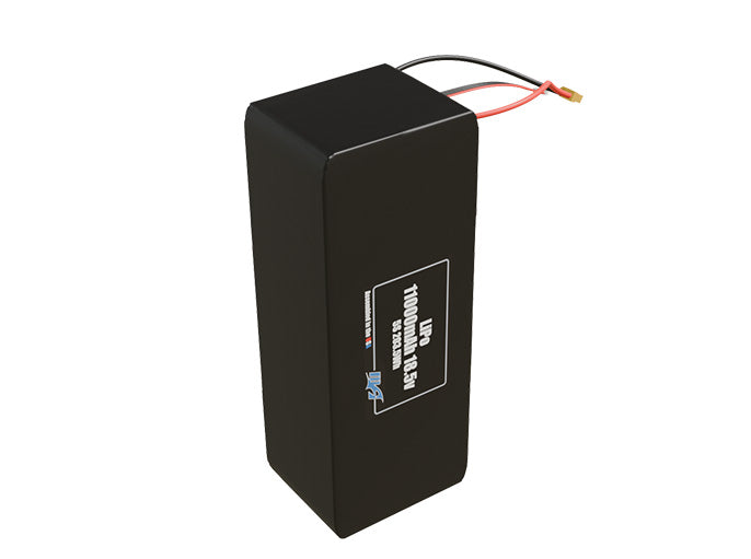 Side-angle render of a 18.5-volt 11000mAh lithium-polymer battery, assembled in the USA for compact UAV, drone, and military robotics platforms.