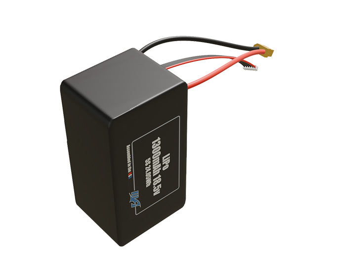 Side-angle render of a 18.5-volt 1300mAh lithium-polymer battery, assembled in the USA for compact UAV, drone, and military robotics platforms.
