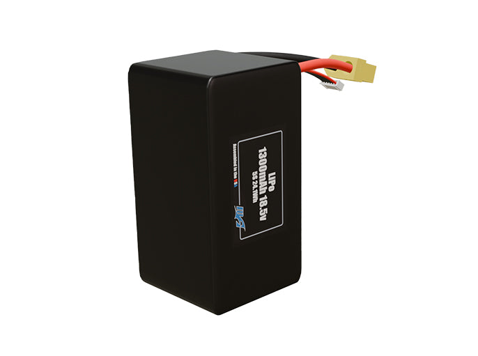 Side-angle render of a 18.5-volt 1300mAh lithium-polymer battery, assembled in the USA for compact UAV, drone, and military robotics platforms.
