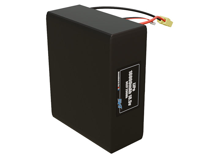 Side-angle render of a 18.5-volt 16000mAh lithium-polymer battery, assembled in the USA for compact UAV, drone, and military robotics platforms.