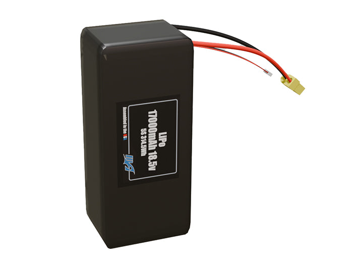 Side-angle render of a 18.5-volt 17000mAh lithium-polymer battery, assembled in the USA for compact UAV, drone, and military robotics platforms.