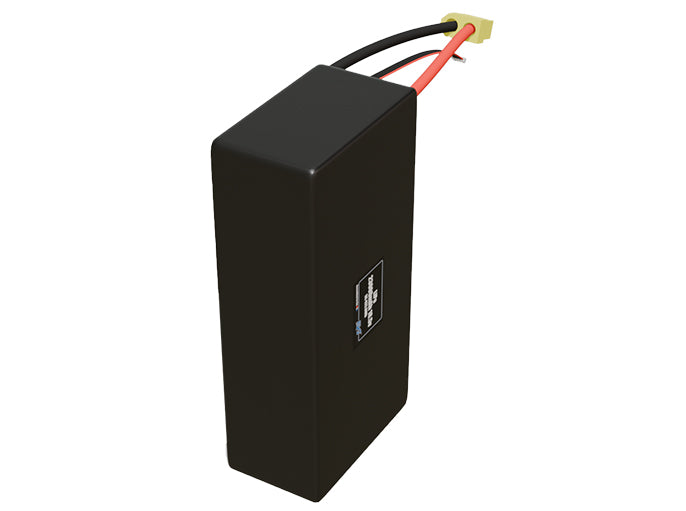 Side-angle render of a 18.5-volt 23000mAh lithium-polymer battery, assembled in the USA for compact UAV, drone, and military robotics platforms.