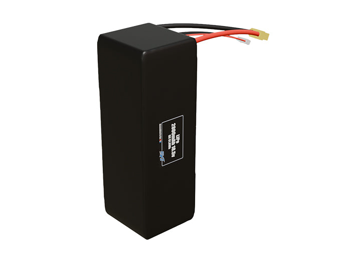 Side-angle render of a 18.5-volt 2800mAh lithium-polymer battery, assembled in the USA for compact UAV, drone, and military robotics platforms.