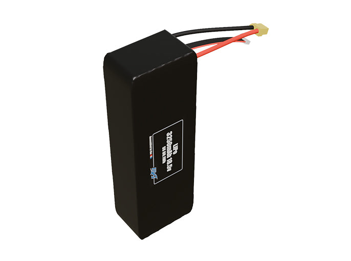 Side-angle render of a 18.5-volt 3250mAh lithium-polymer battery, assembled in the USA for compact UAV, drone, and military robotics platforms.