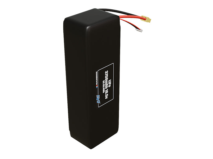 Side-angle render of a 18.5-volt 3750mAh lithium-polymer battery, assembled in the USA for compact UAV, drone, and military robotics platforms.