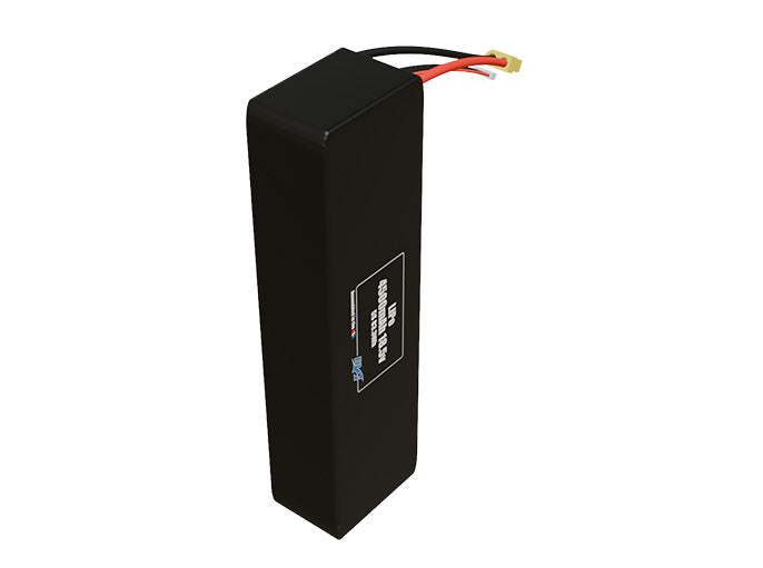 Side-angle render of a 18.5-volt 4500mAh lithium-polymer battery, assembled in the USA for compact UAV, drone, and military robotics platforms.