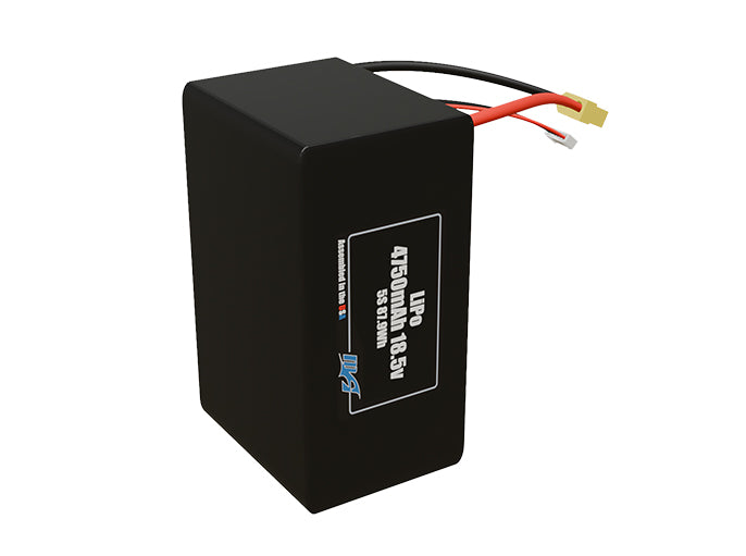 Side-angle render of a 18.5-volt 4750mAh lithium-polymer battery, assembled in the USA for compact UAV, drone, and military robotics platforms.